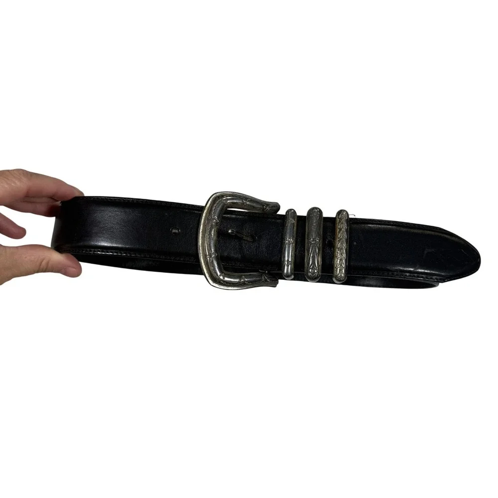 Nordstrom Western Belt Womens 28 Black Leather Silver Engraved Hardware